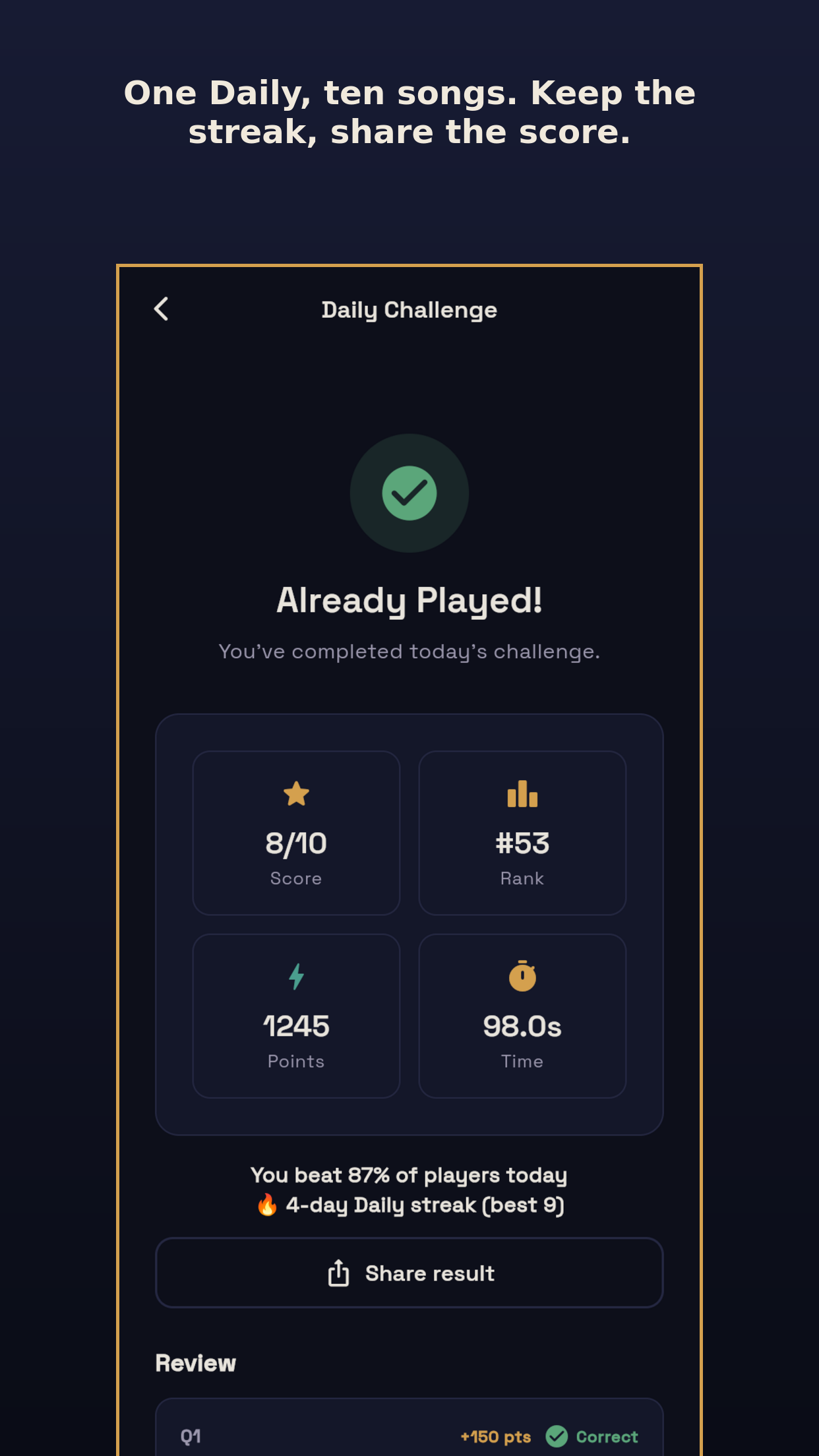 Daily results with streak, percentile and share button